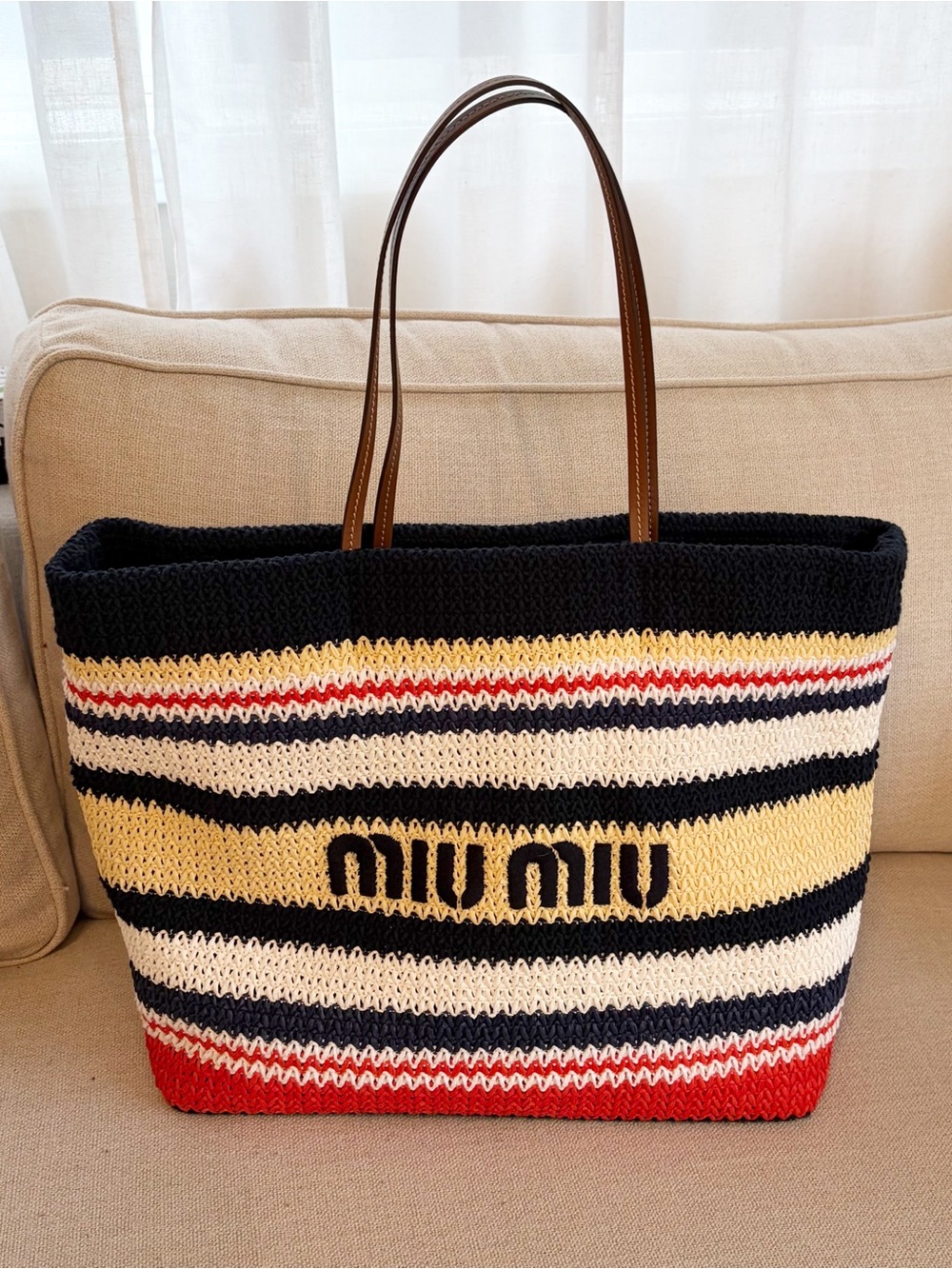 Miu Miu Multicolor Striped Crochet Tote with Brown Leather Handles